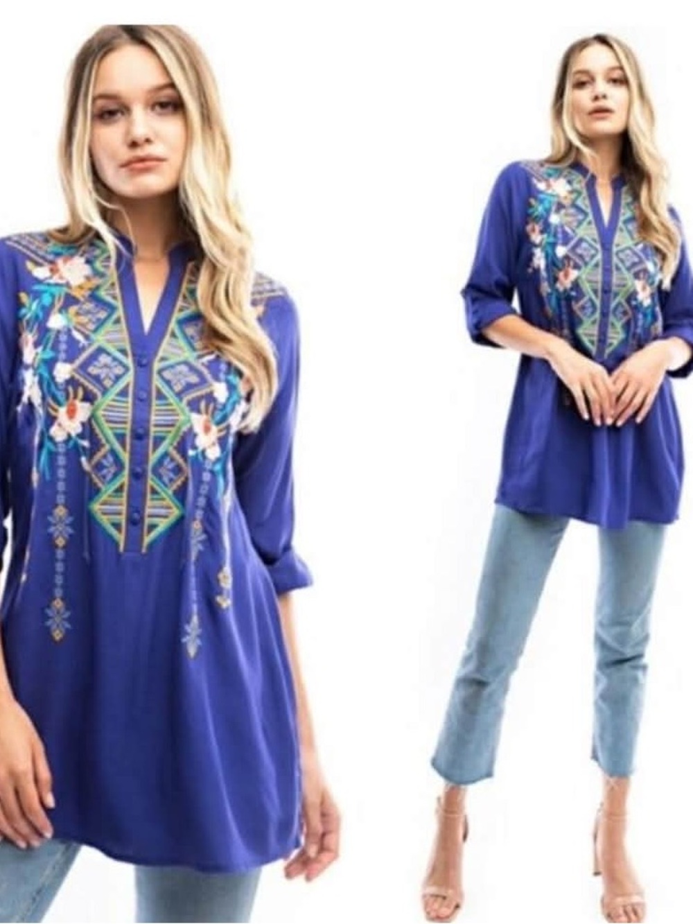 Luna moon Embroidered V-Neck Tunic Top in Royal Blue